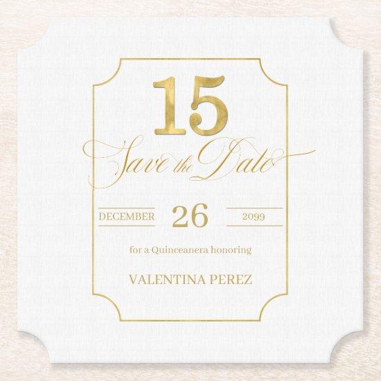 Gold on White Quinceanera English Save the Date Paper Coaster