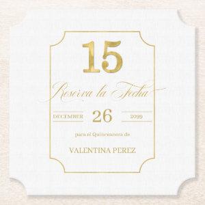Gold on White Quinceanera Spanish Save the Date Paper Coaster