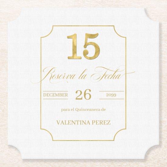 Gold on White Quinceanera Spanish Save the Date Paper Coaster