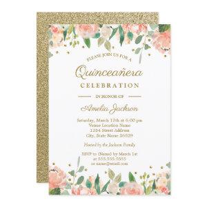 Gold Peach Floral Watercolor Quinceanera Invite