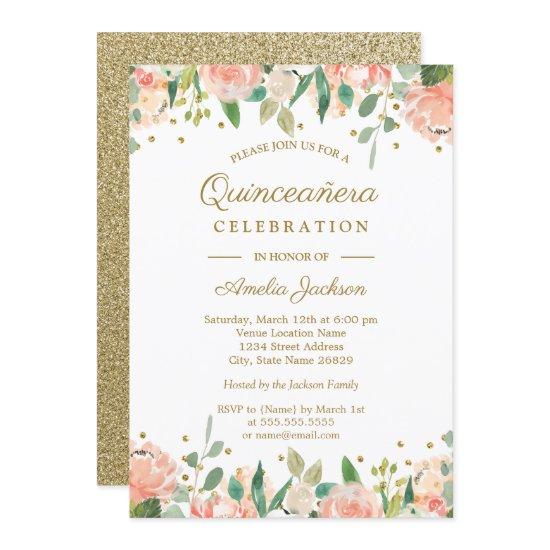 Gold Peach Floral Watercolor Quinceanera Invite