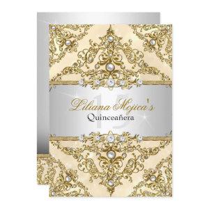 Gold Pearl Damask Quinceanera Invite