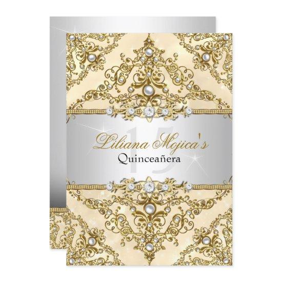 Gold Pearl Damask Quinceanera Invite