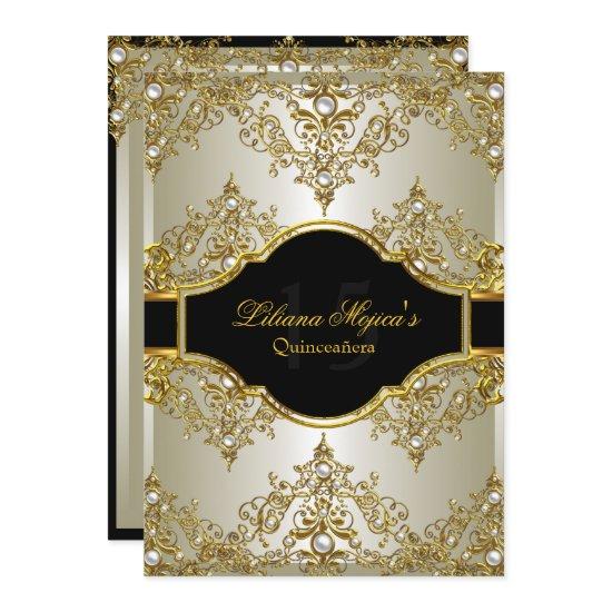 Gold Pearl Vintage Glamour Quinceanera Invite 2