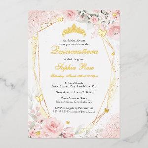 Gold Pink Blush Butterfly Floral Quinceanera Foil