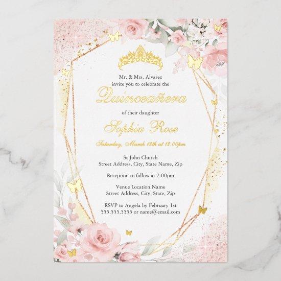 Gold Pink Blush Butterfly Floral Quinceanera Foil