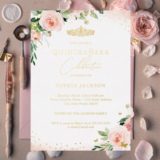 Gold Pink Blush Floral Quinceanera Birthday  Foil