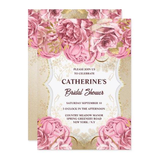 Gold pink blush rose floral watercolor bridal