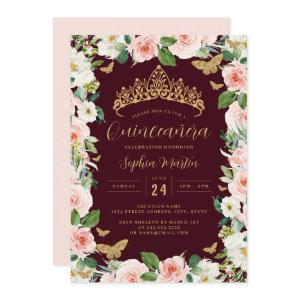 Gold Pink Burgundy Floral Tiara Quinceanera