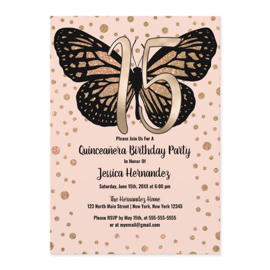 Gold Pink Butterfly Glitter Confetti Quinceañera
