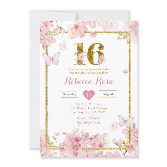 Gold Pink Cherry Blossom Floral Girl Sweet 16