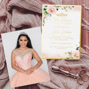 Gold Pink Floral Photo Quinceanera Birthday Foil