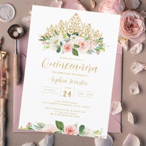 Gold Pink Floral Tiara Quinceanera