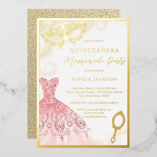 Gold Pink Masquerade Party Dress Quinceanera  Foil