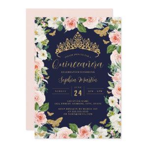 Gold Pink Navy Burgundy Floral Tiara Quinceanera