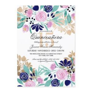 Gold Pink Navy Floral Watercolor Quinceañera