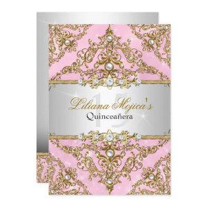 Gold & Pink Pearl Damask Quinceanera Invite
