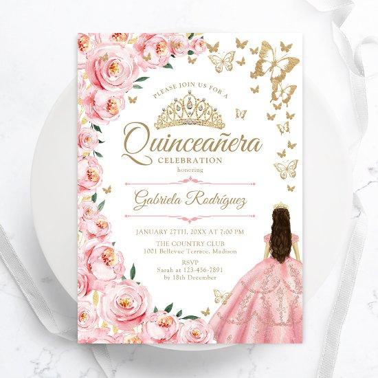 Gold Pink Roses Butterflies Quinceanera
