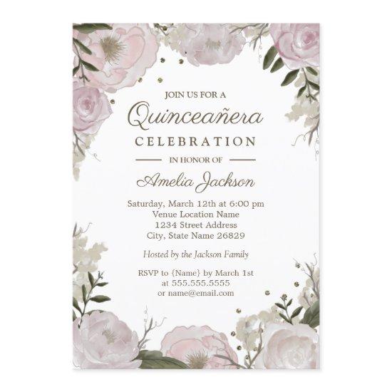 Gold Pink Sparkle Floral Quinceanera