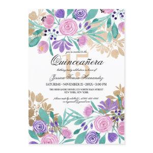 Gold Pink Violet Floral Watercolor Quinceañera