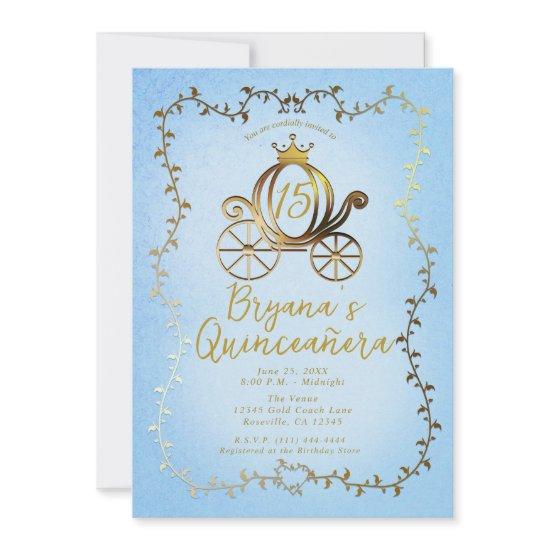 Gold Princess Carriage Blue Storybook Quinceañera