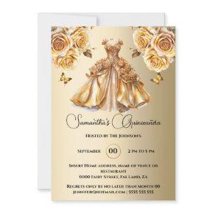 Gold princess Quinceañera butterfly ballgown roses