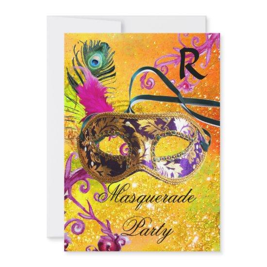 GOLD PURPLE DAMASK FEATHER MASK Masquerade Party
