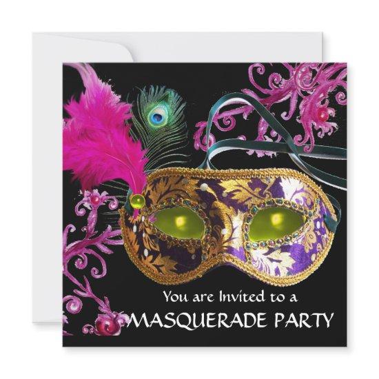 GOLD PURPLE FEATHER DAMASK  MASK Masquerade Party