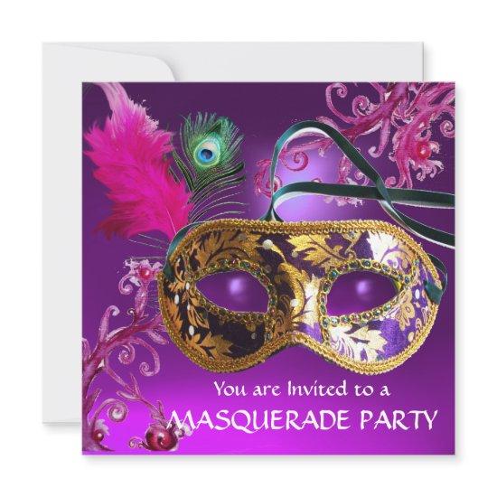 GOLD PURPLE FEATHER DAMASK  MASK Masquerade Party