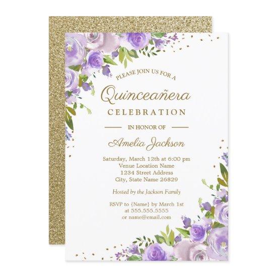 Gold Purple Floral Watercolor Quinceanera Invite