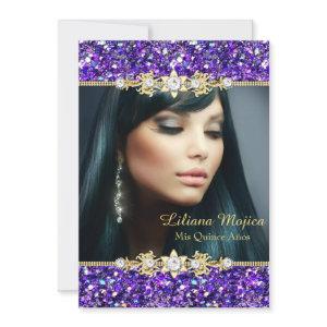 Gold Purple Glitter & Jewel Bow Quinceanera
