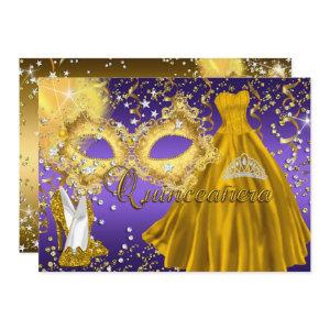 Gold Purple Mask Masquerade Quinceanera Invite