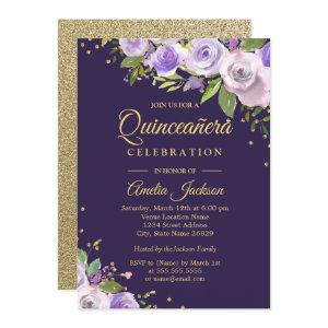 Gold Purple Sparkle Floral Quinceanera Invite