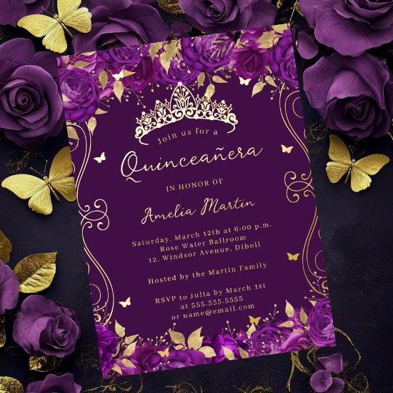 Gold Purple Swirl Scroll Floral Quinceanera  Foil