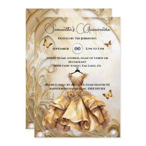 Gold Quinceañera ballgown luxurious floral pearl