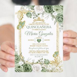 Gold Quinceañera Sage Green Crown Butterfly