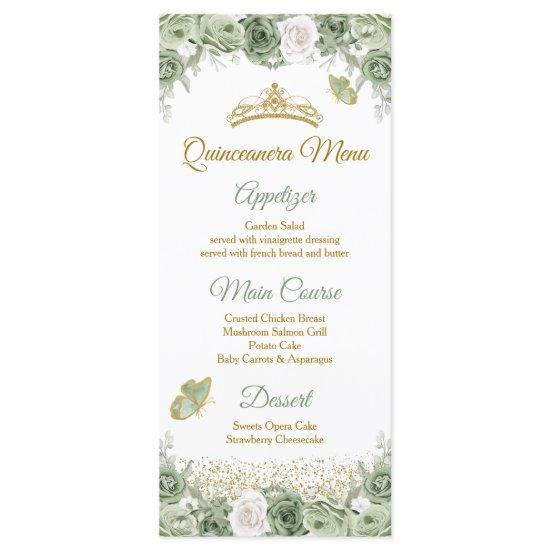 Gold Quinceañera Sage Green Crown Butterfly Menu