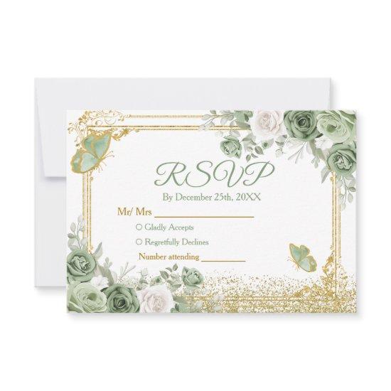 Gold Quinceañera Sage Green Crown Rsvp Card