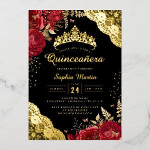 Gold Red Black Floral Lace Quinceanera  Foil