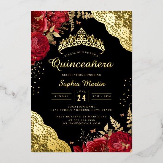 Gold Red Black Floral Lace Quinceanera  Foil