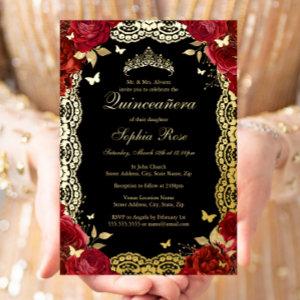 Gold Red Black Rose Lace Quinceanera Birthday  Foil