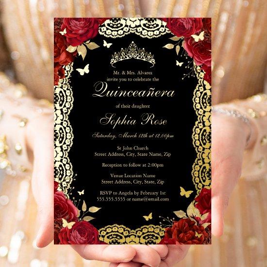 Gold Red Black Rose Lace Quinceanera Birthday  Foil