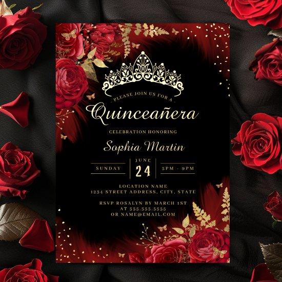 Gold Red Butterfly Floral Quinceanera  Foil