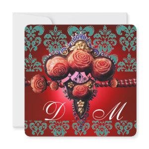 GOLD RED CORAL ROSES,BLUE BLACK DAMASK MONOGRAM