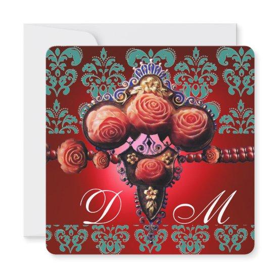 GOLD RED CORAL ROSES,BLUE BLACK DAMASK MONOGRAM