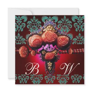 GOLD RED CORAL ROSES,BLUE BLACK DAMASK MONOGRAM