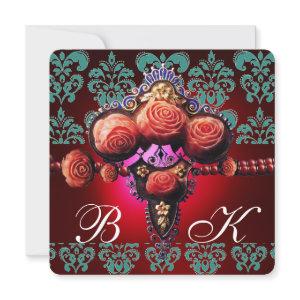 GOLD RED CORAL ROSES,BLUE BLACK DAMASK MONOGRAM