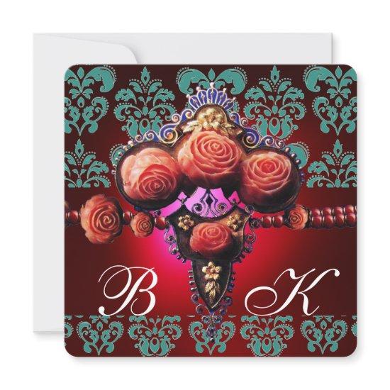 GOLD RED CORAL ROSES,BLUE BLACK DAMASK MONOGRAM