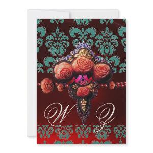 GOLD RED CORAL ROSES,BLUE BLACK DAMASK MONOGRAM