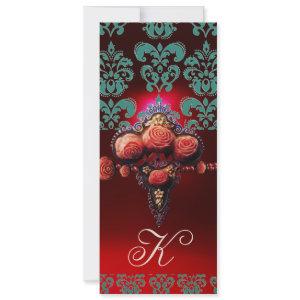 GOLD RED CORAL ROSES, BLUE BLACK DAMASK MONOGRAM